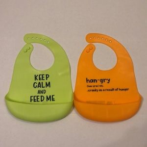 HB Baby Vision Baby bibs with food catcher. Green and orange.